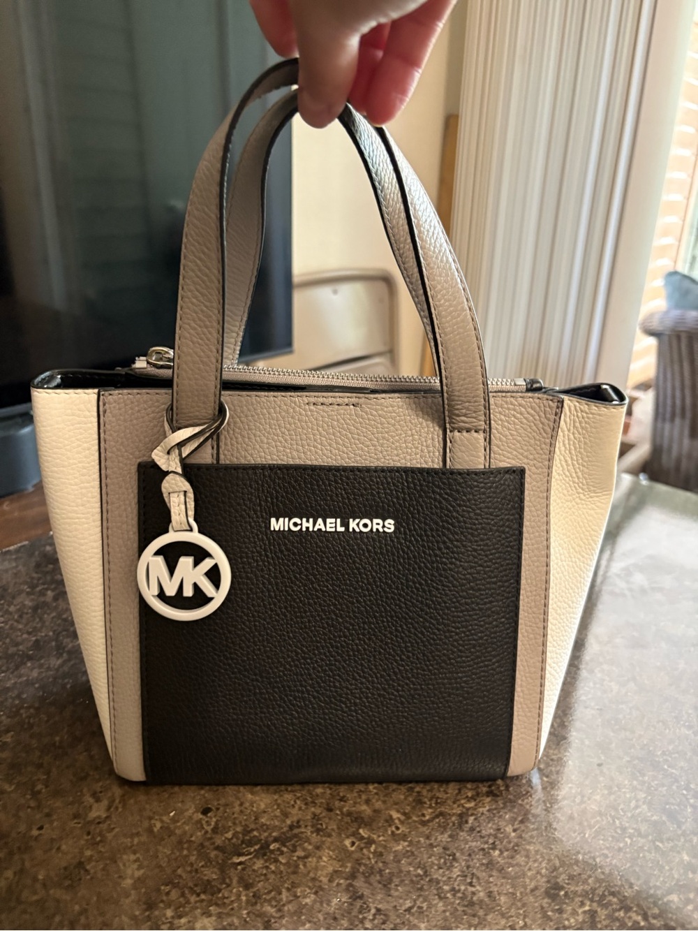 Michael Kors Tri-Colored Pebbled Leather Colorblock Satchel - Black & Cream